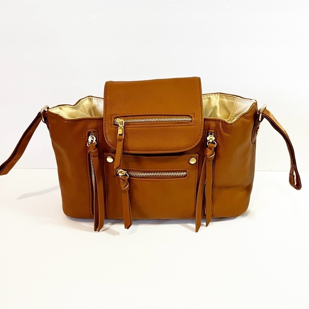 Brown Faux Vegan Leather Stroller Organizer Caddy Insulated Drink Holder Durable